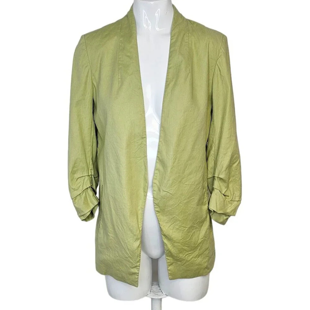 Aritzia Babaton Power Hip  Blazer Linen Lyocell Size 0 Ruched Sleeve Open Front